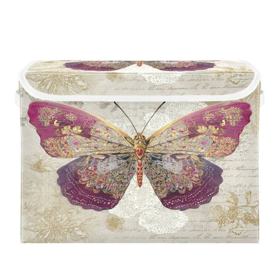 WOBOGO Dreamy Butterfly Large Collapsible Storage Box Flip Lid Fabric Decorative Organizer Container Basket with Handles 16.5×12.6×11.8in