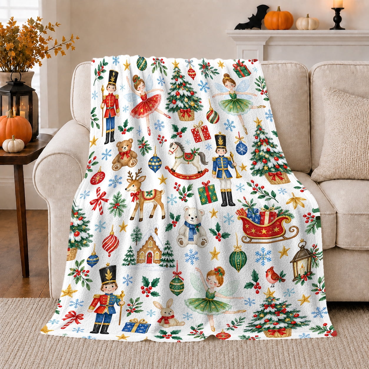 Whimsical Christmas Toyland Storybook Festive Holiday Scene Warm Flannel Blanket for Cabin and Lodge with Detailed Artwork Art Lovers Christmas Gift Festive Home Decor
