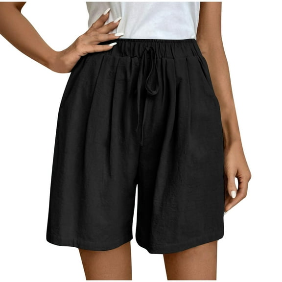 RYRJJ Bermuda Shorts for Women Knee Length Elastic Waist Drawstring Loose Wide Leg Shorts Summer Casual Beach Short 2025(Black,L)