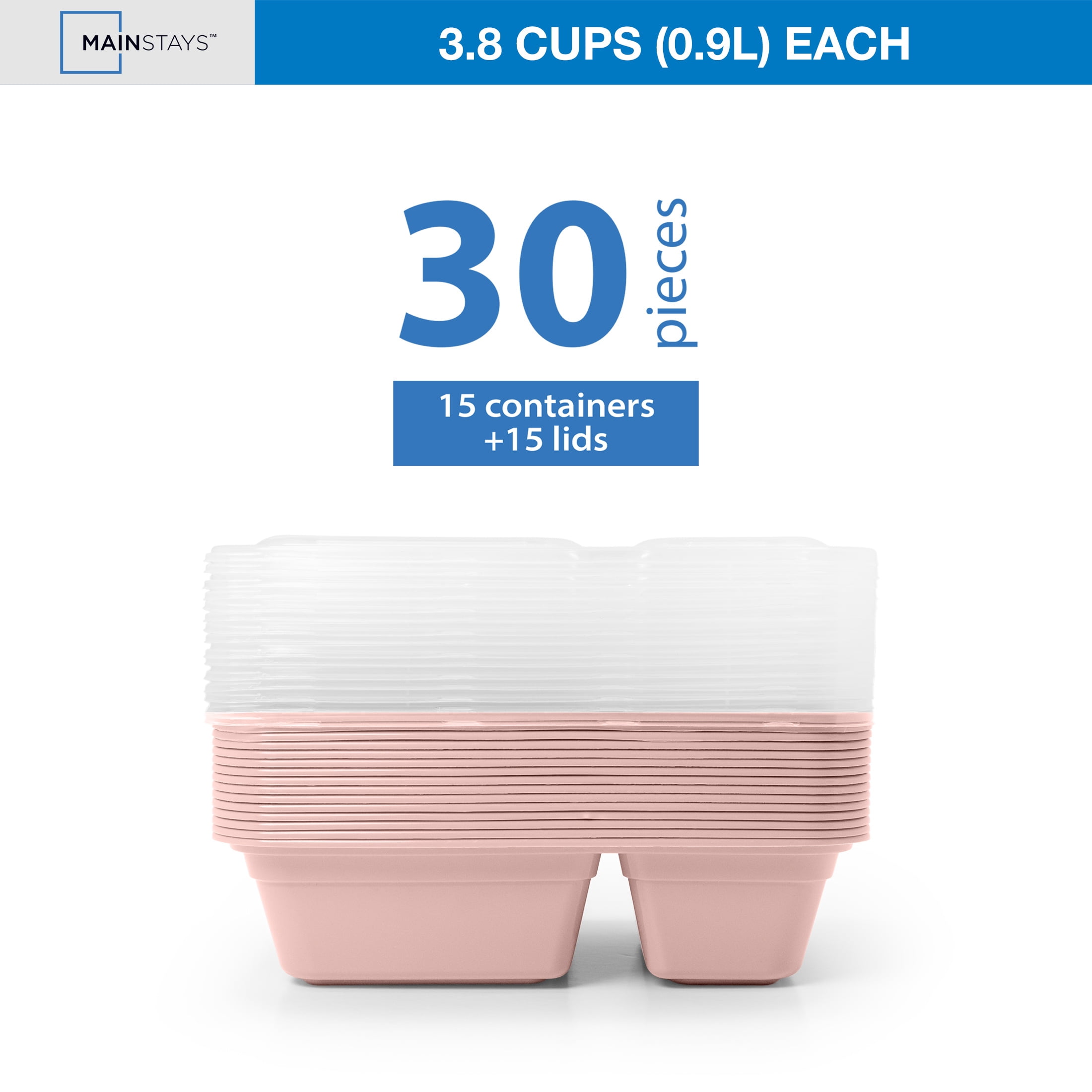 Mainstays 15-Pack 2-Compartment BPA-Free Meal Prep Food Storage Containers, Pink Blush