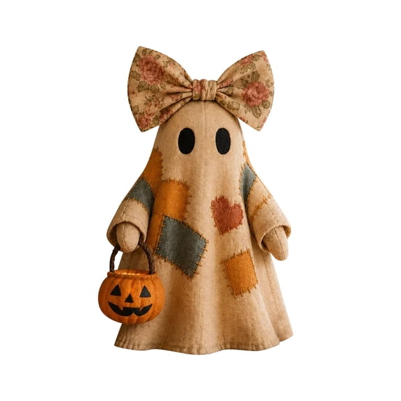 Light Up Halloween Decorations 14 Inch Patchwork Ghost Figurine Halloween Pumpkin Decor Warm Light Indoor Outdoor Spooky Halloween Decor for Home Party Display 1 Pack