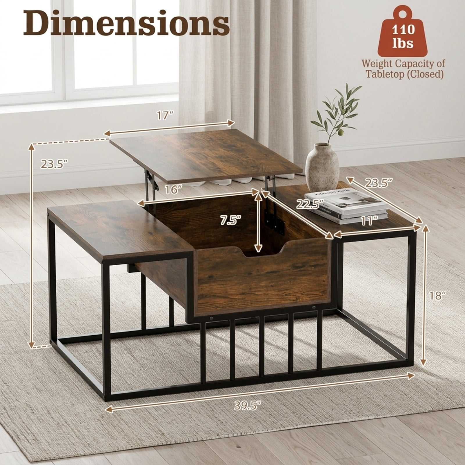 Furnibear Modern Lift Top Coffee Table with Hidden Storage Compartment Gas Struts and Powder-Coated Metal Tubes for Living Room, Rustic Brown