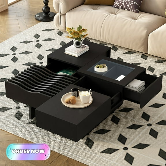 Tcbosik Coffee Table with 3 Storage Drawers, 33" Square Cocktail Table with Solid Wood Legs, Mid Century Modern Center Table for Living Room, Easy Assembly, Black