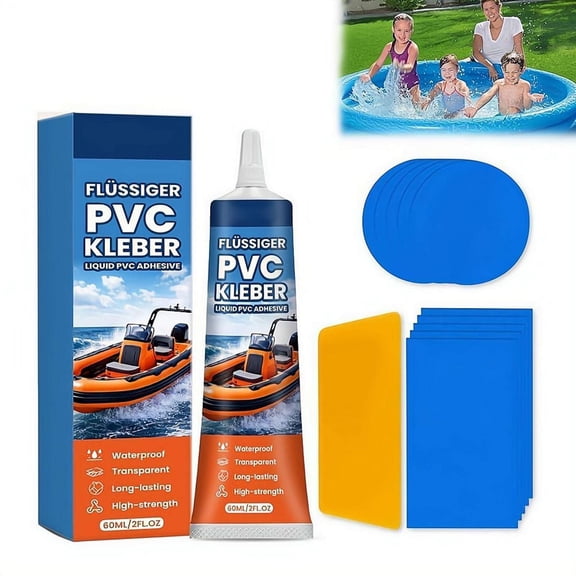 PVC Repair Adhesive Kit for Inflatables, 60ml Tube with Patches & Scraper, Waterproof Seal for PVC & Pu Inflatables, Pools, Hot Tub & Tents