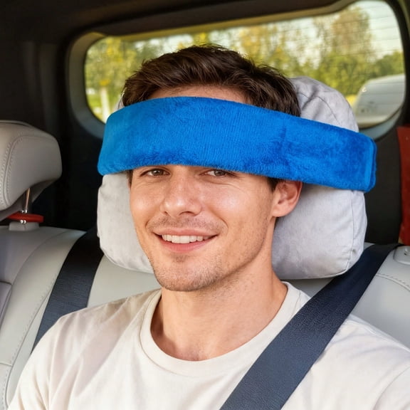 One Size Adjustable Travel Head Support Strap Eye Mask, Polyester Airplane Train Portable Rest Headband Pillow Not Included Blue