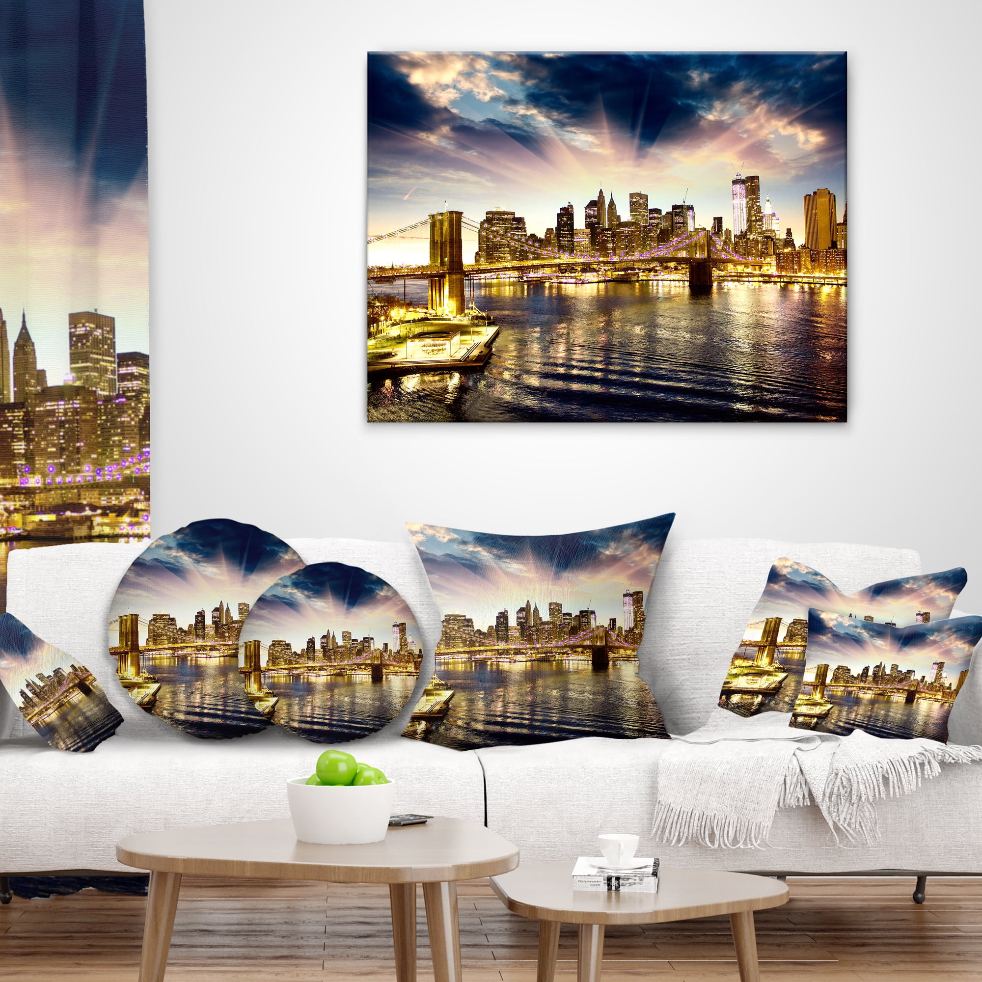 Designart Brooklyn Bridge and Manhattan Skyline - Cityscape Throw Pillow - 12x20