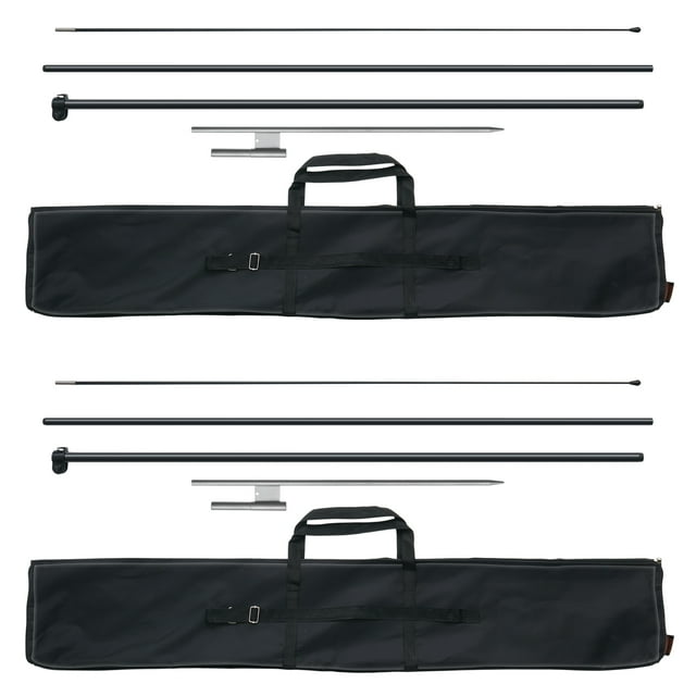 VEVOR Feather Flag Pole Kit 2 Packs Swooper Flag Pole 12.7 ft with Ground Stakes. The image displays two sets of lightweight flag poles made from aluminum alloy and fiberglass, two ground stakes, and two black storage bags with zippers and handles. The kit is ideal for outdoor advertising, featuring quick assembly and portability.
