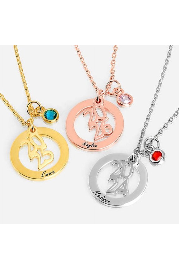 Women's Sterling Silver Graduation Cluster Charm Necklace with Birthstone