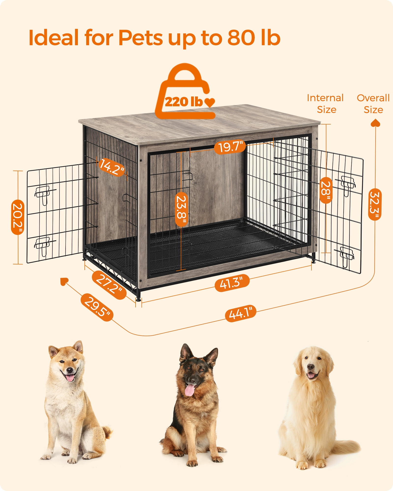 Wooden Dog Crate Furniture,Double-Doors Kennel for Dogs Indoor up to 80 lb, Removable Tray, End Table Dog Crate for Decoration 44.1"L x 29.5"W x 32.3"H, Greige