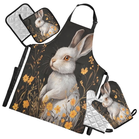 5-Piece Kitchen Apron Set with Heat-Resistant Gloves & Insulation Mats for Cooking Baking BBQ Rabbit with Yellow Flowers