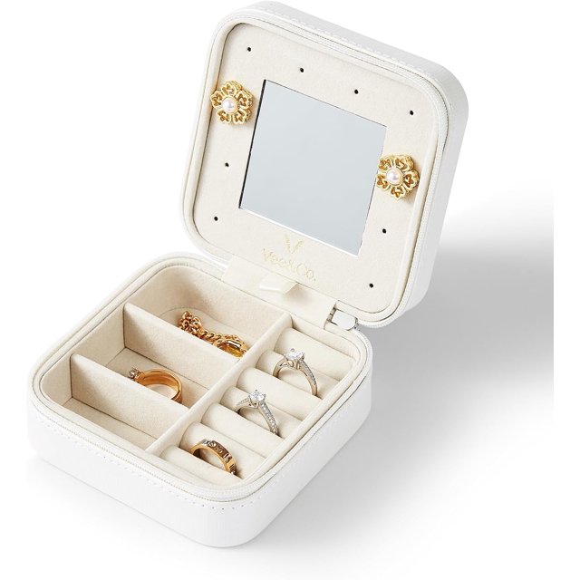 Joyero de viaje pequeño, caja de almacenamiento para exhibir anillos, pendientes y collares con espejo, adecuado para pulseras, pendientes y anillos, regalos para niñas, Mujeres, madre, hija
