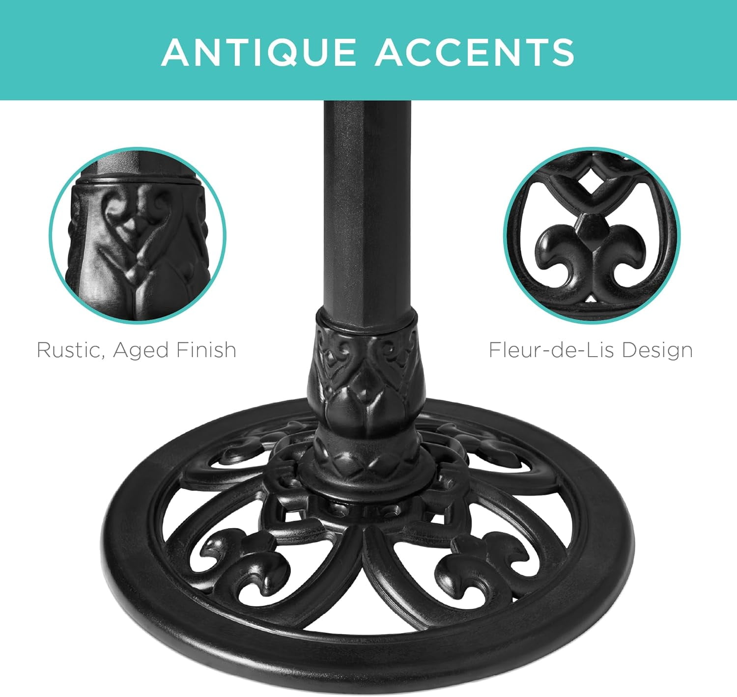 NIUMU  28in Pedestal Bird Bath, Vintage Outdoor Resin Accent Decoration w/Fleur-de-Lis Accents - Black
