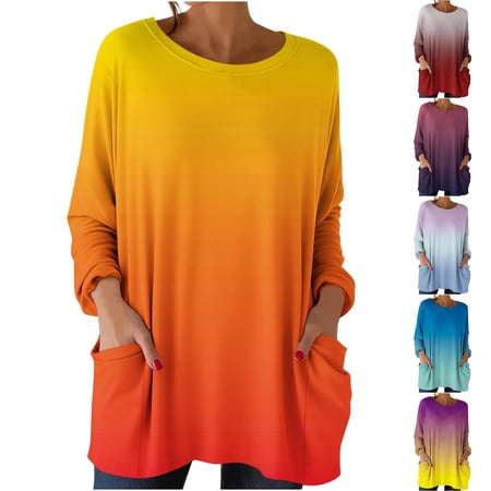 Antinious Women Crewneck Long Sleeve Gradient Summer Solid Pocket Loose Casual Oversized Tops