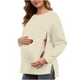 thumbnail image 2 of Zylanna Maternity Shirt with Hidden Zipper, 0versized Crew Neck Spring Side Slit Long Sleeve Nursing Tops Beige, 2 of 8
