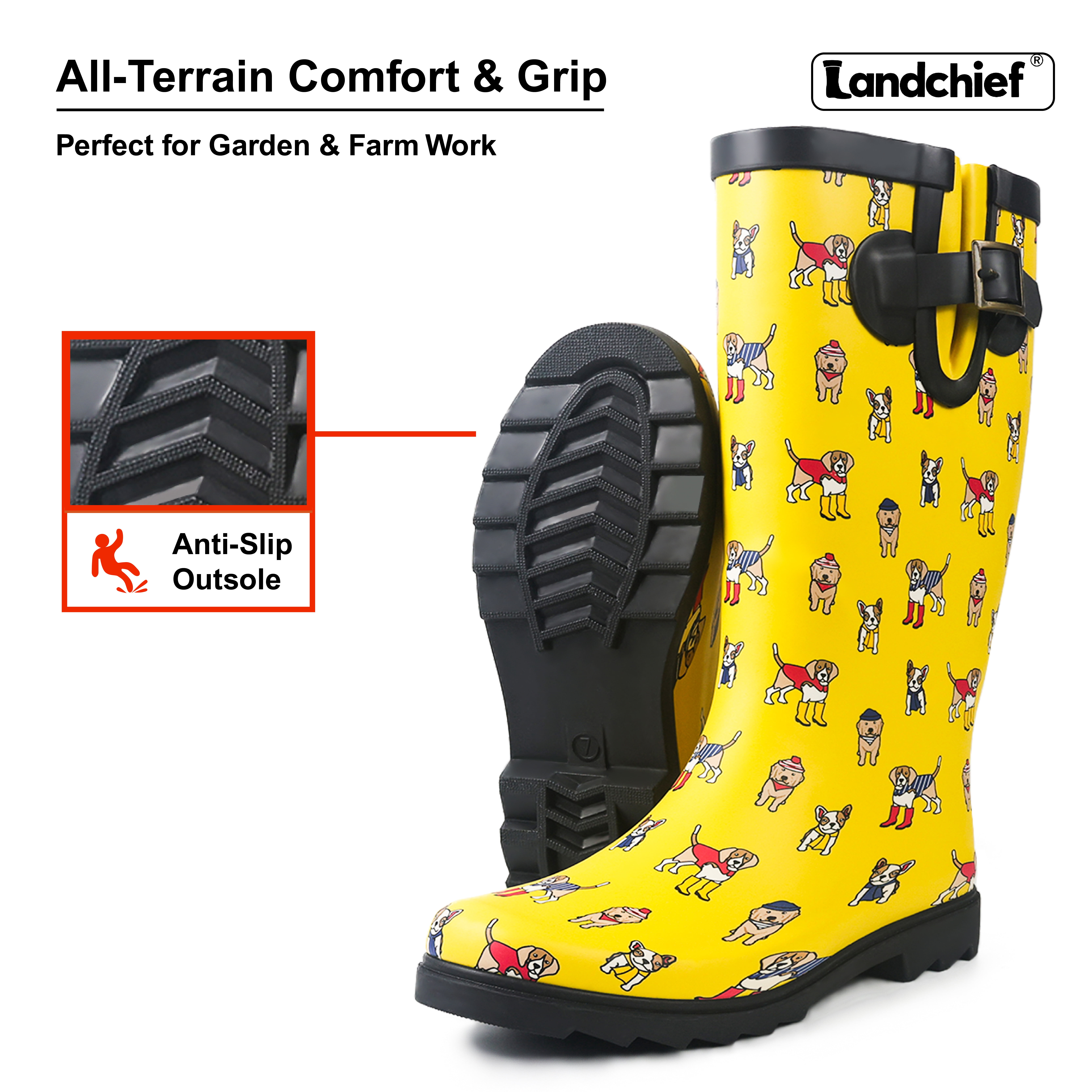 Landchief Women's Tall Waterproof Rubber Rain Boots for Garden, Size 10, Pup Parade