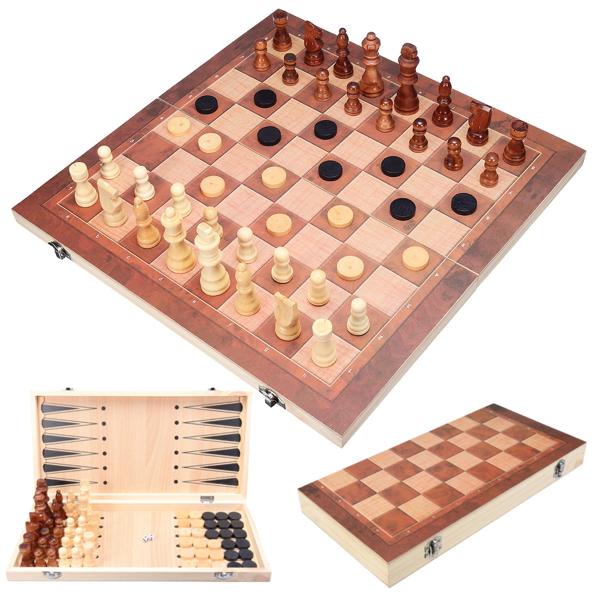 3 in 1 Folding Wooden Chess Set Board Game Checkers Backgammon Draughts Toys UK 