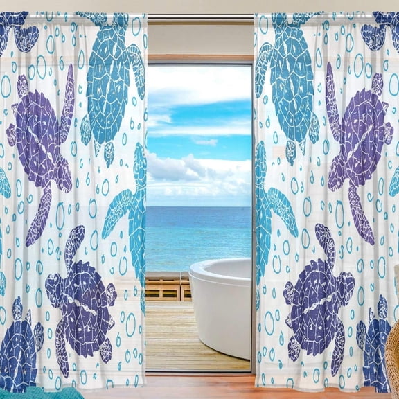 FREEAMG Cartoon Animal Turtle Blue White Sheer Curtains Window Voile Panels Drapes Tulle Curtains, Semi Sheer Curtains 78 Inches Long for Living Room Bedroom, Set of 2