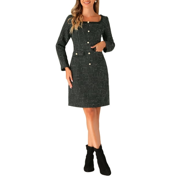 Vestido de tweed INSPIRE CHIC para mujer con escote cuadrado, mangas largas, elegante, de cóctel, a cuadros S Negro