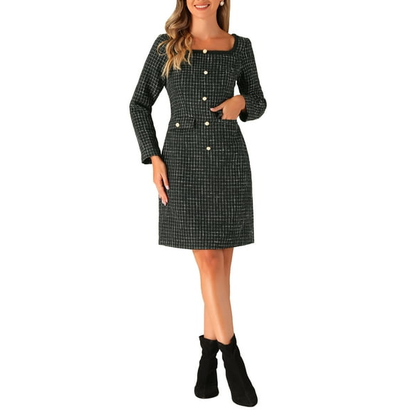 INSPIRE CHIC Tweed Dress for Women's Square Neck Long Sleeve Elegant Cocktail Plaid Dress XS Black