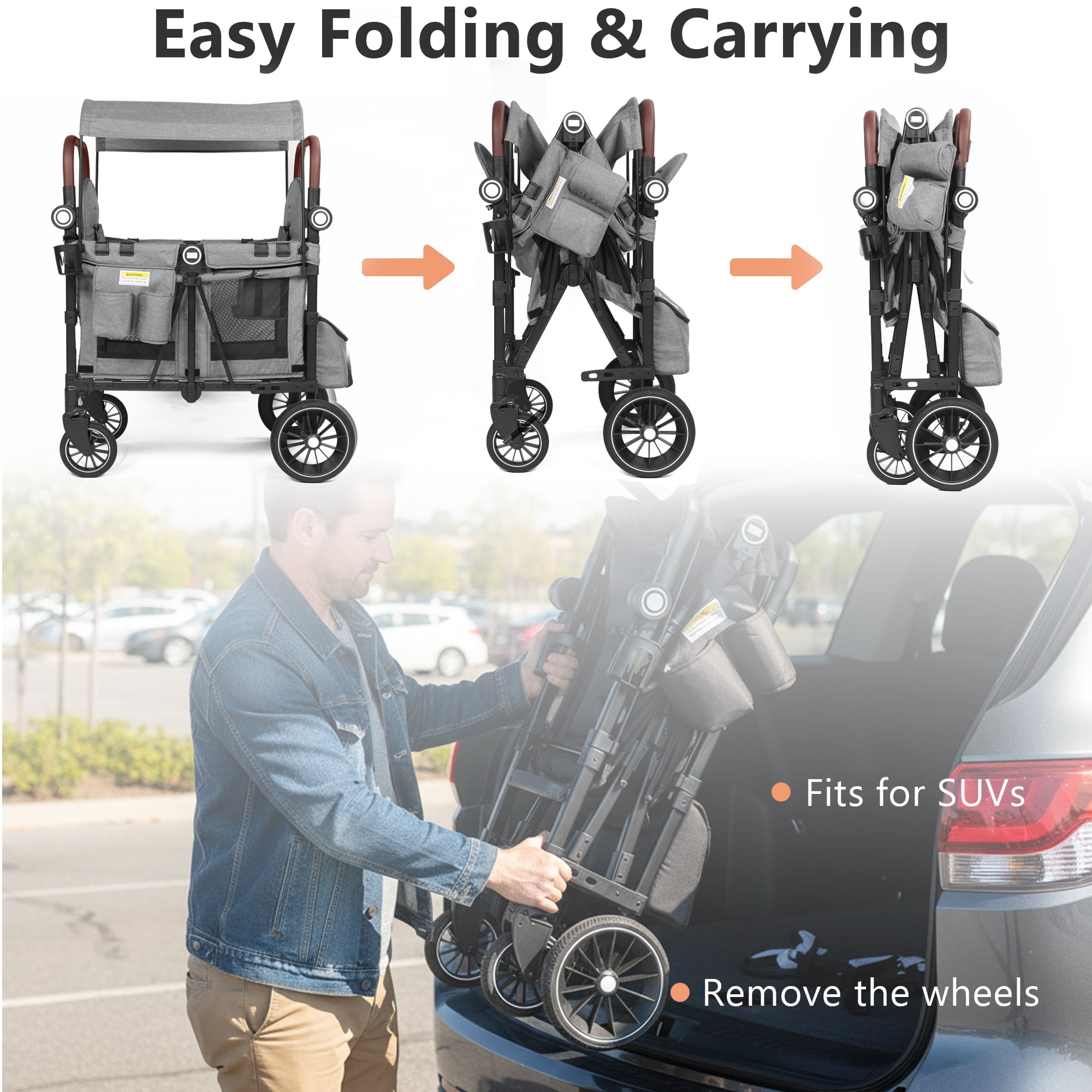 AILEEKISS Stroller Wagon for 2 Toddlers with Canopy, All-Terrain Baby Wagon Stroller,55 Pounds, Grey