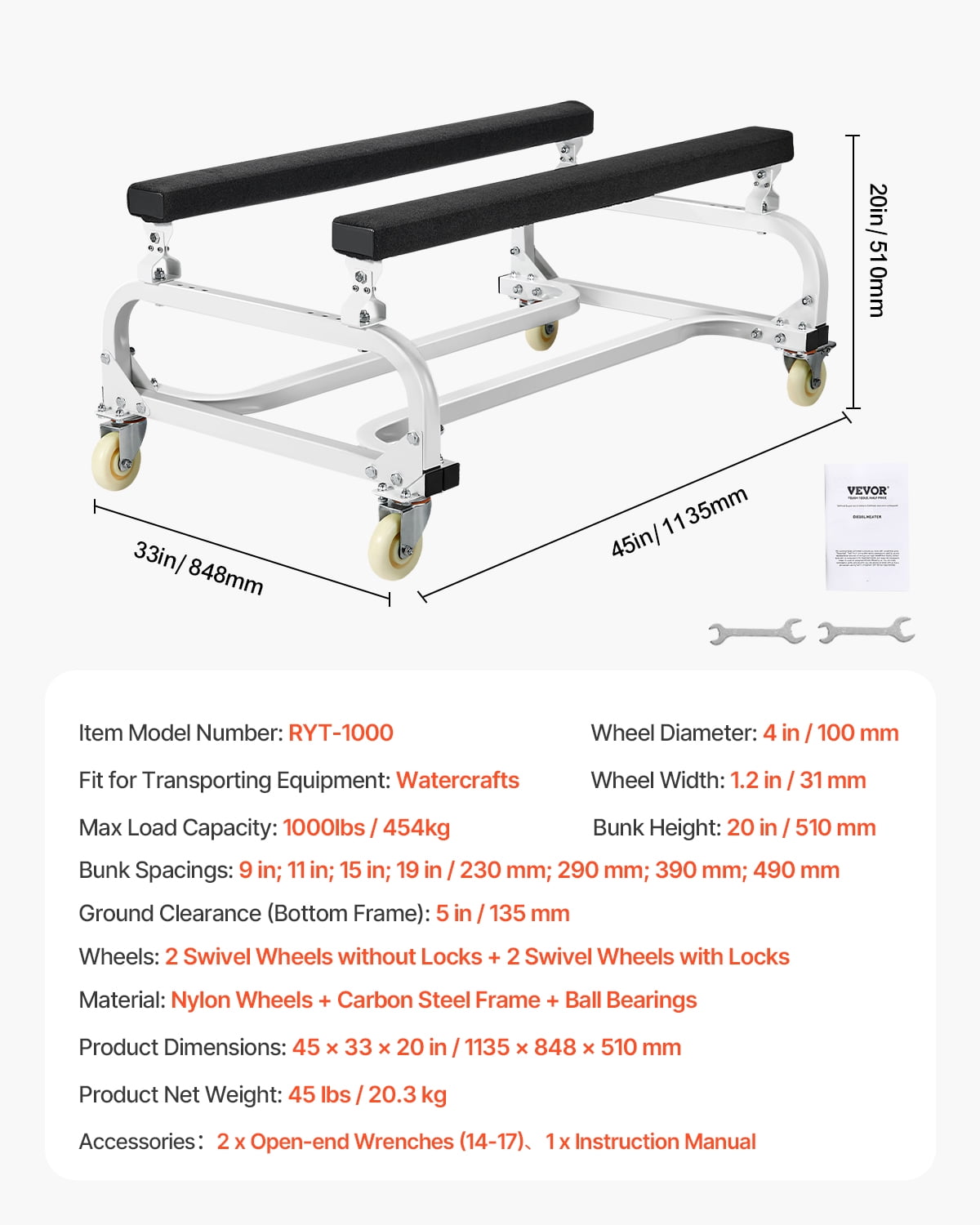VEVOR Watercraft PWC Dolly, 1000 lbs Load Capacity, Jet Ski Stand PWC Cart for Moving Watercraft, Adjustable Bunks with 4 Casters & 2 Brakes, Heavy-Duty Jet Ski Cart for Kayaks, Jet Skis, Speedboats