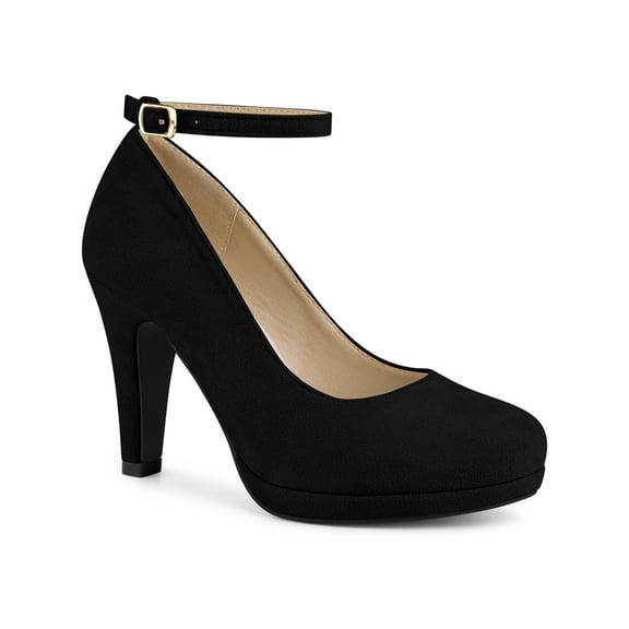 BLISSFUL STEP Women Ankle Strap Round Toe Stiletto Heels Pumps Black 7