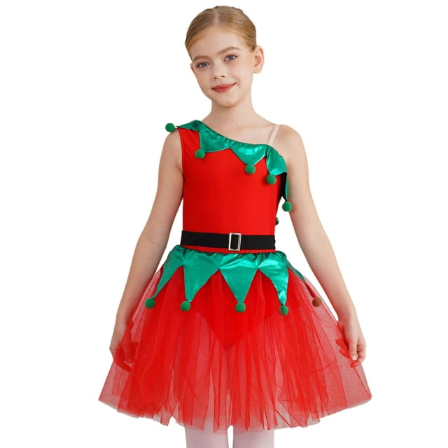 Linjinx Costume de Noël pour Filles Sans Manches une Épaule Robe Tutu de Danse Ballet Figure Justaucorps de Patinage sur Glace Rouge 10