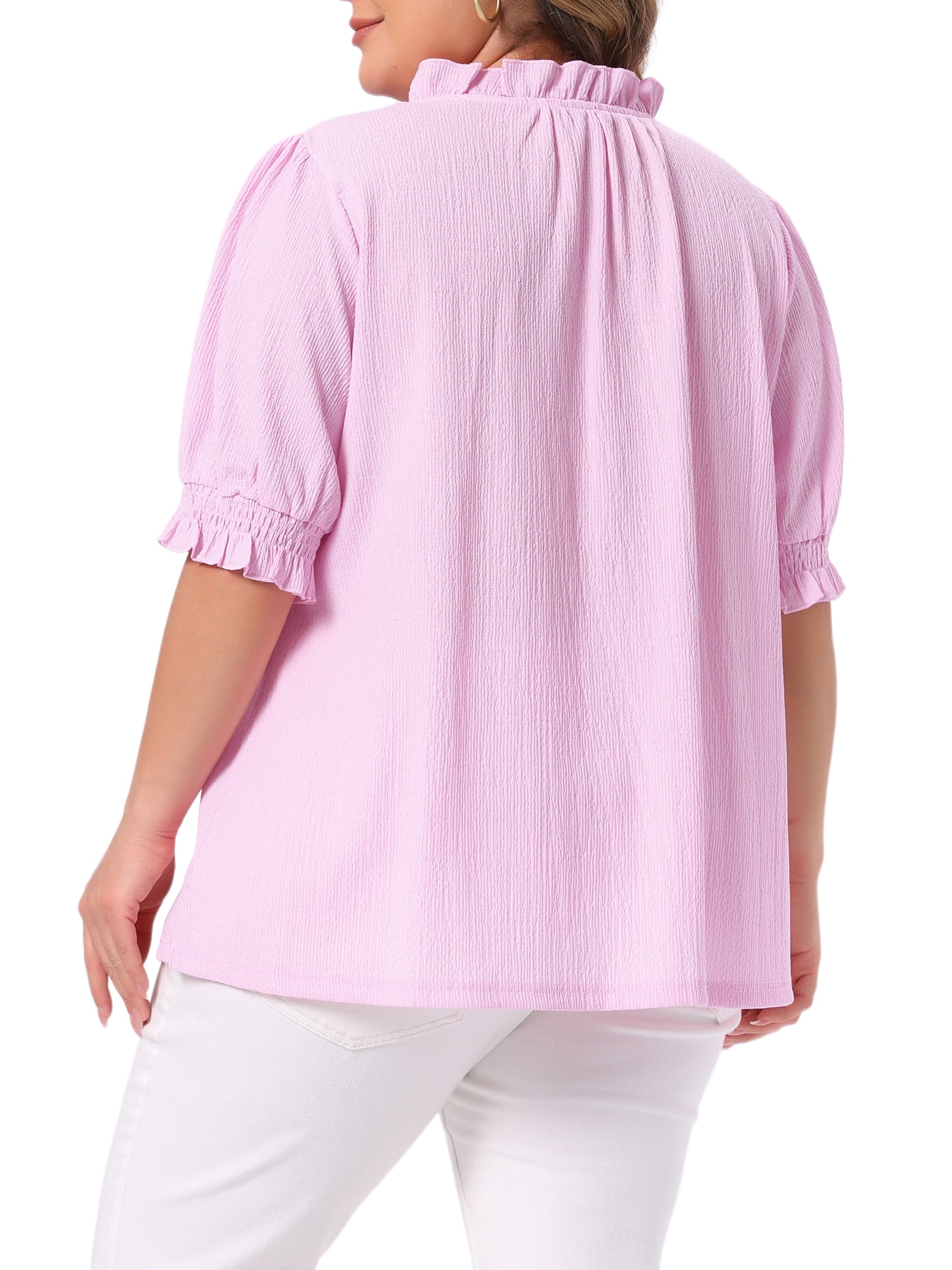 DARING DIVA Women's Plus Ruffled Trim V Neck Puff Sleeve Top 2X Pink