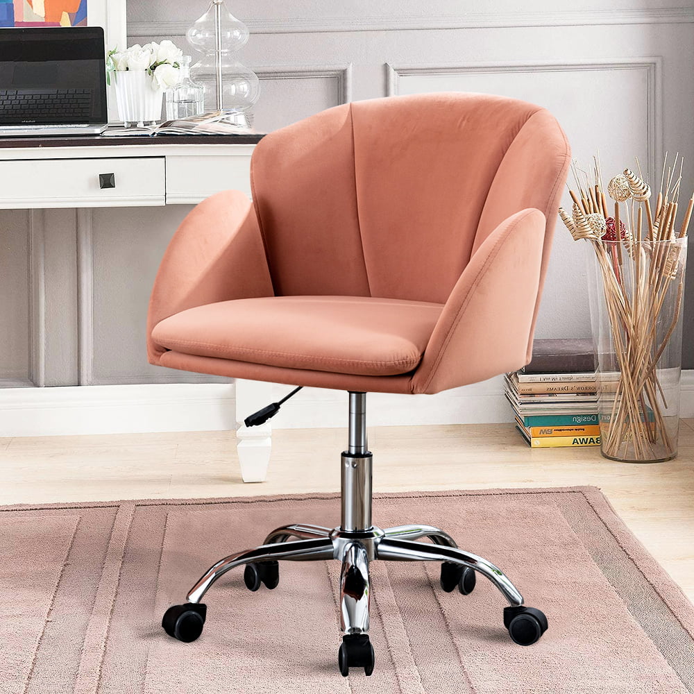 Velvet Home Office Chair Adjustable Swivel Rolling Vanity Chair with Wheels Pink 