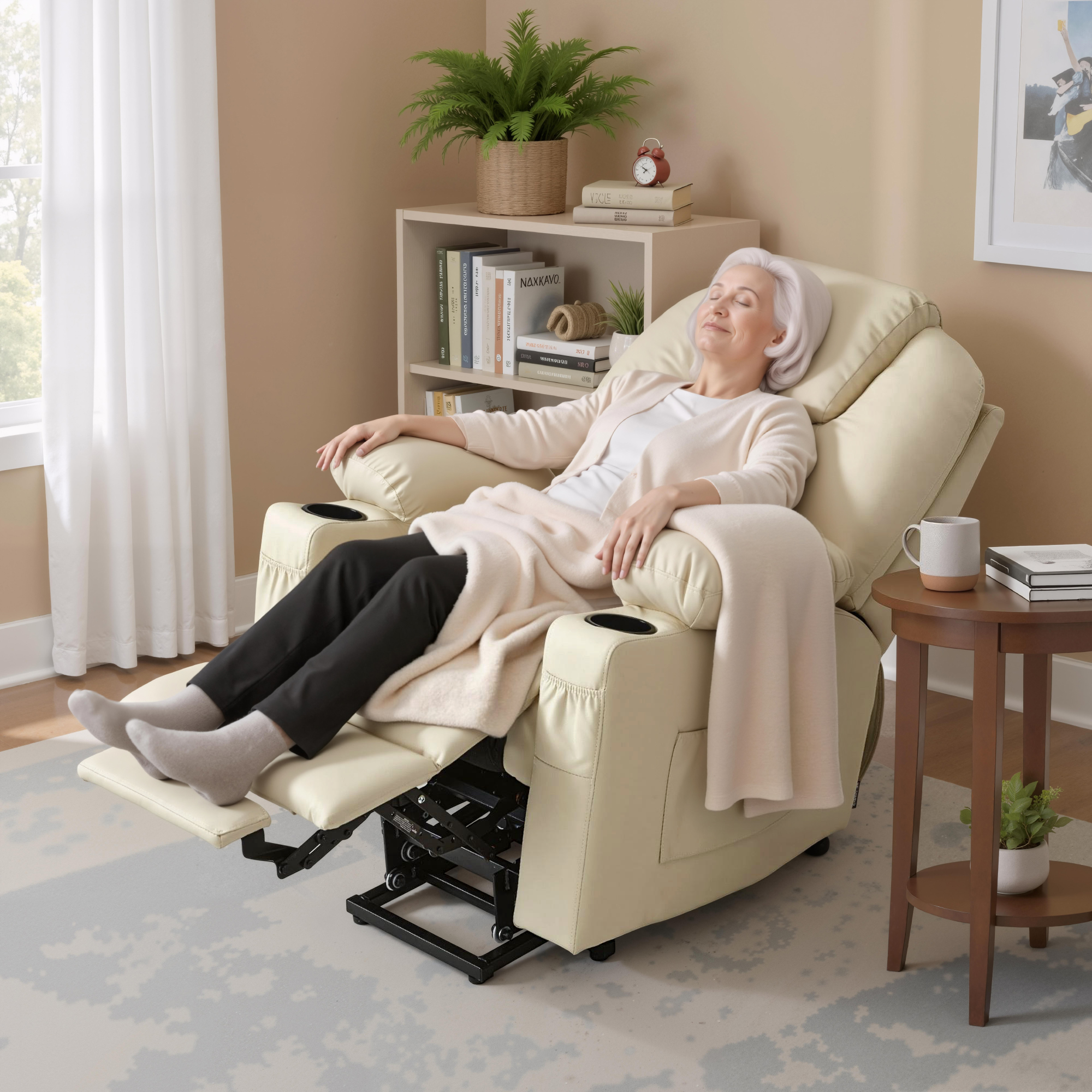 MCombo Electric Power Lift Recliner Chair Sofa with Massage and Heat for Elderly, 3 Positions, 2 Side Pockets, and Cup Holders, USB Ports, Faux Leather 7141 Cream White, Small