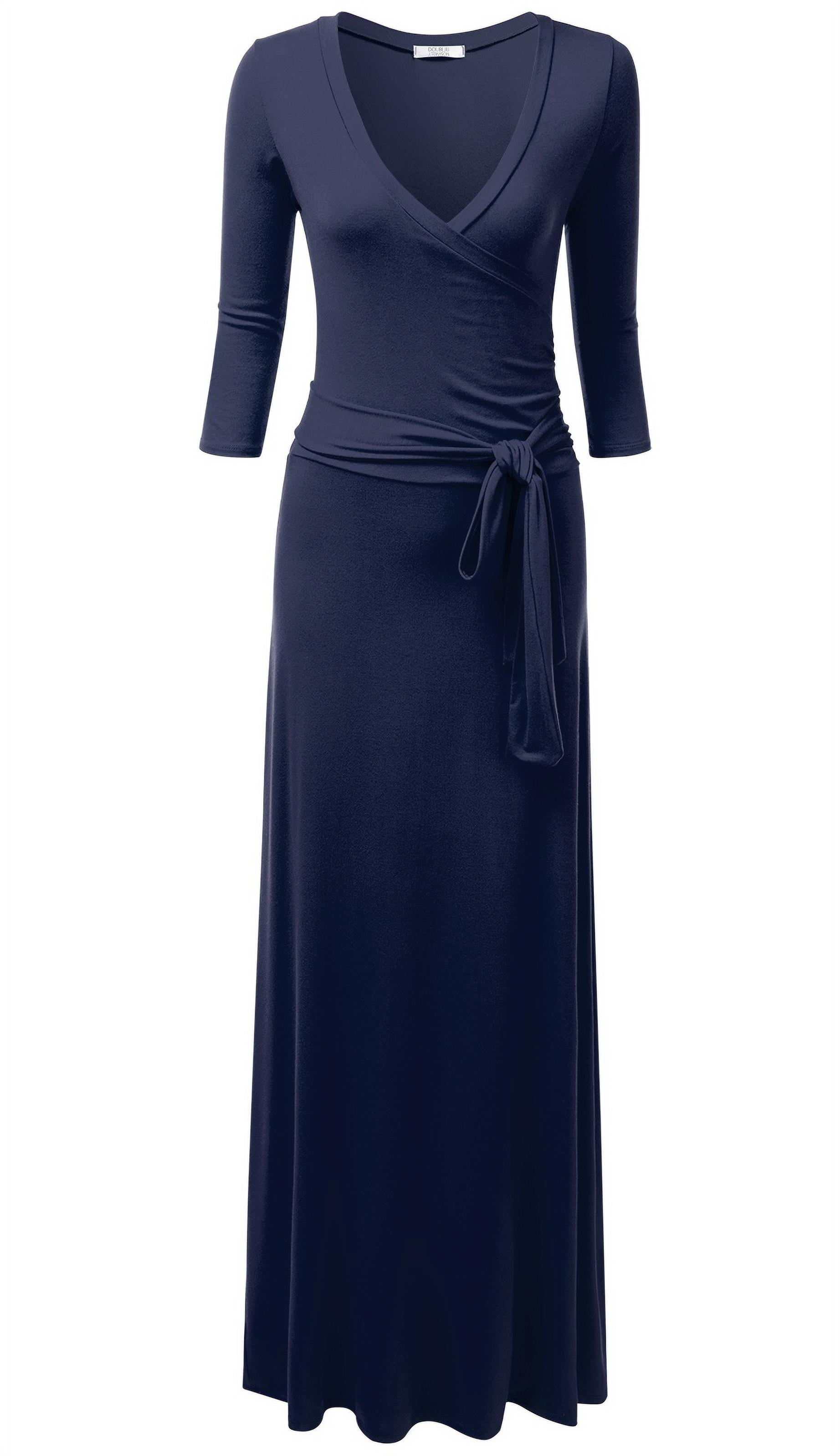 Doublju Women's 3/4 Sleeve Wrap Front Maxi Dress with Tie Waist