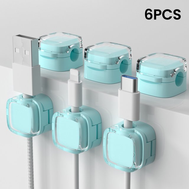 NAOJIE Cord Organizer,Cable Management,Cord Holder for Nightstand,6PC Nail-Free Data Line Magnetic Cable Clamping Device,Common for Many Occasions-Cyan