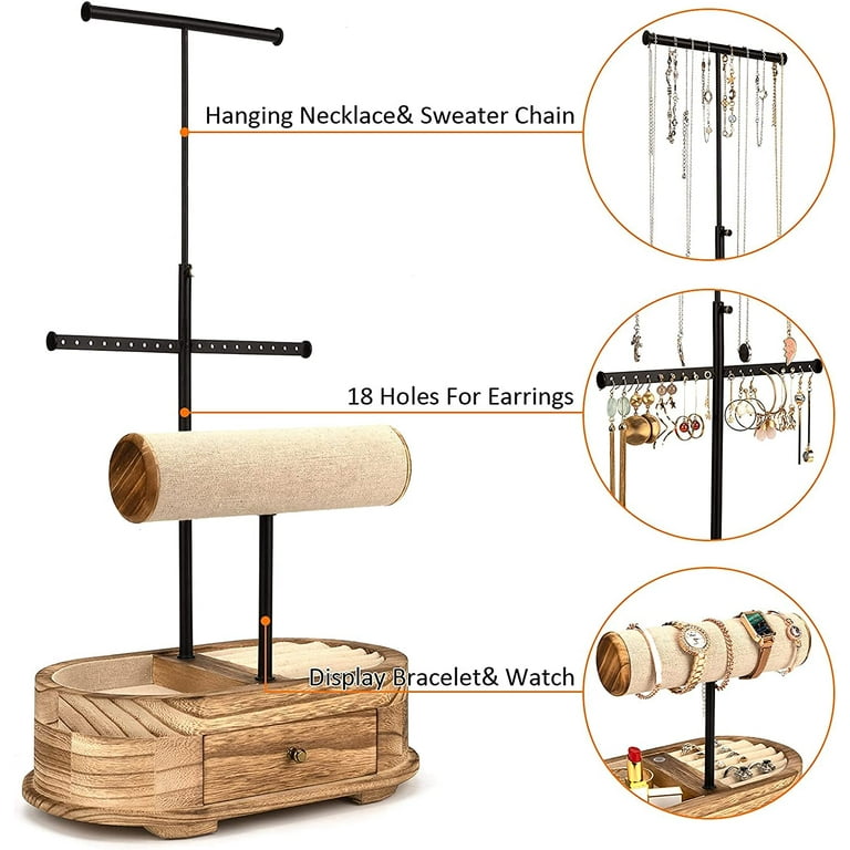Earring Organizer, 5 Layer Earring Holder Organizer With Metal Necklace  Holder Pole, Rustic Wood Jewelry Organizer Stand Display 