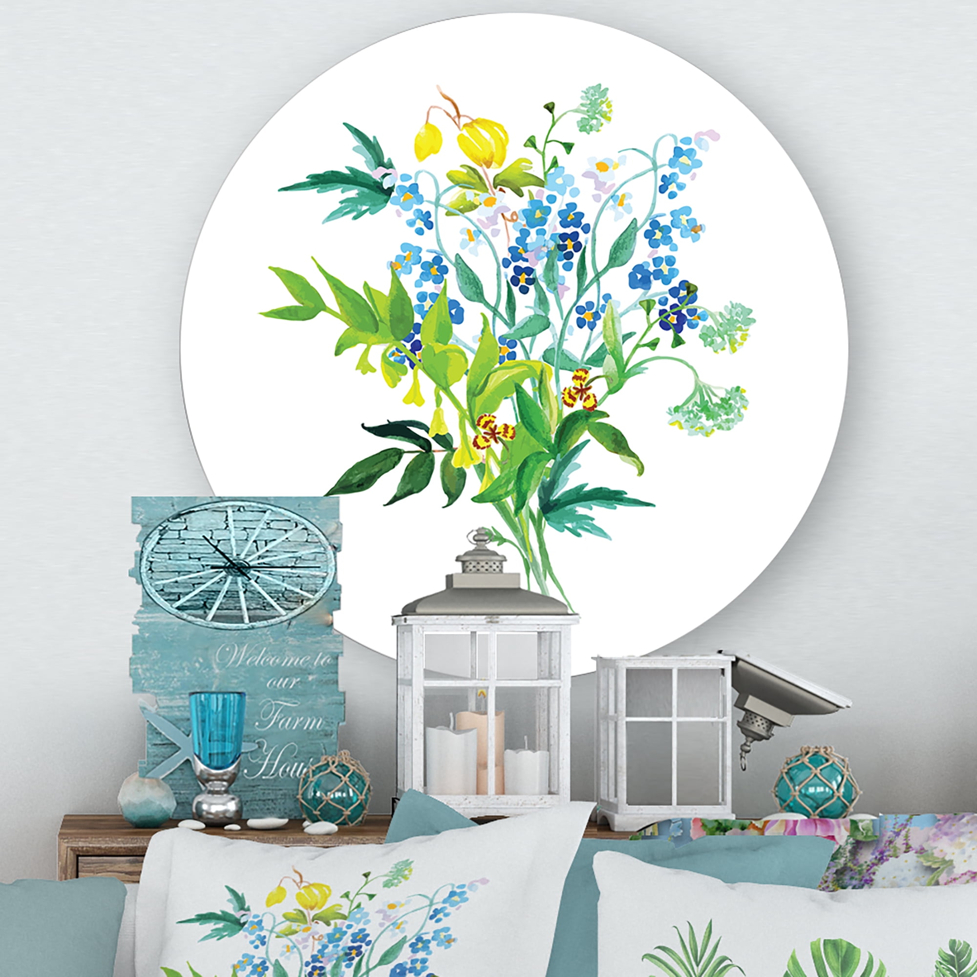 Designart 'Meadow Flowers Garland On White' Farmhouse Circle Metal Wall Art 11x11 - Disc of 11