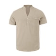 thumbnail image 3 of Rggeeun Mens T-Shirts Solid Color Short Sleeve V Neck With Front Buttons & Pocket Trim Pleated Loose Fit For Summer Streetwear Stretchy Tops,Khaki,Xl, 3 of 8