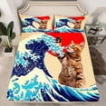 thumbnail image 2 of Feelyou Cartoon Cat Kids Bed Sheets, Japanese Ocean Waves King Sheets, 4-Piece, 2 of 7
