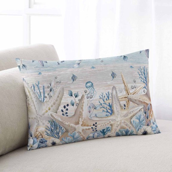 Blue Beige Coastal Throw Pillow Covers, Beach Starfish Summer Eucalyptus Vintage Soft Breathable Pillow Cases with Invisible Zipper, Small Pillowcases for Couch Bed Sofa Chair 16x24 Inches