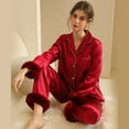 thumbnail image 3 of Women's Pajamas Feather Trim Button Down Long Sleeve Shirt Pants 2 Piece Women Lounge Sets Fall Pajamas for Women, 3 of 3