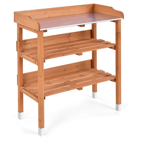 Topbuy Garden Wooden Potting Bench Work Station Table Tool W/5 Hooks Non-Slip Potting Tables Storage Shelf with protective footpads