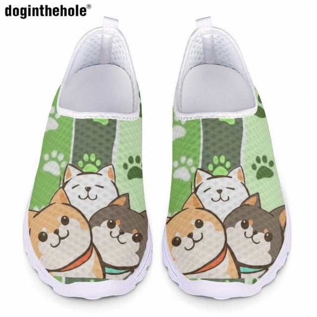 Doginthehole - Zapatos planos informales para mujer, de malla, ligeros, transpirables, sin cordones, con dibujos de cachorros, color blanco