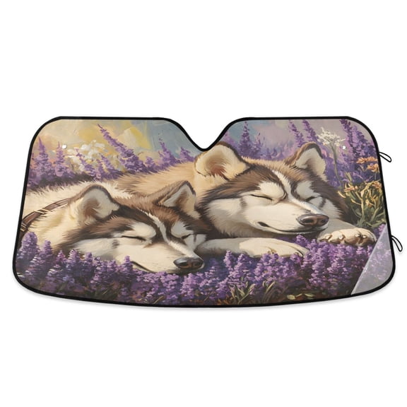 ALAZA Huskies Dog in Lavenders Pattern Windshield Sun Shade Car Foldable Visor Block UV Rays Protector 55"x27.6"