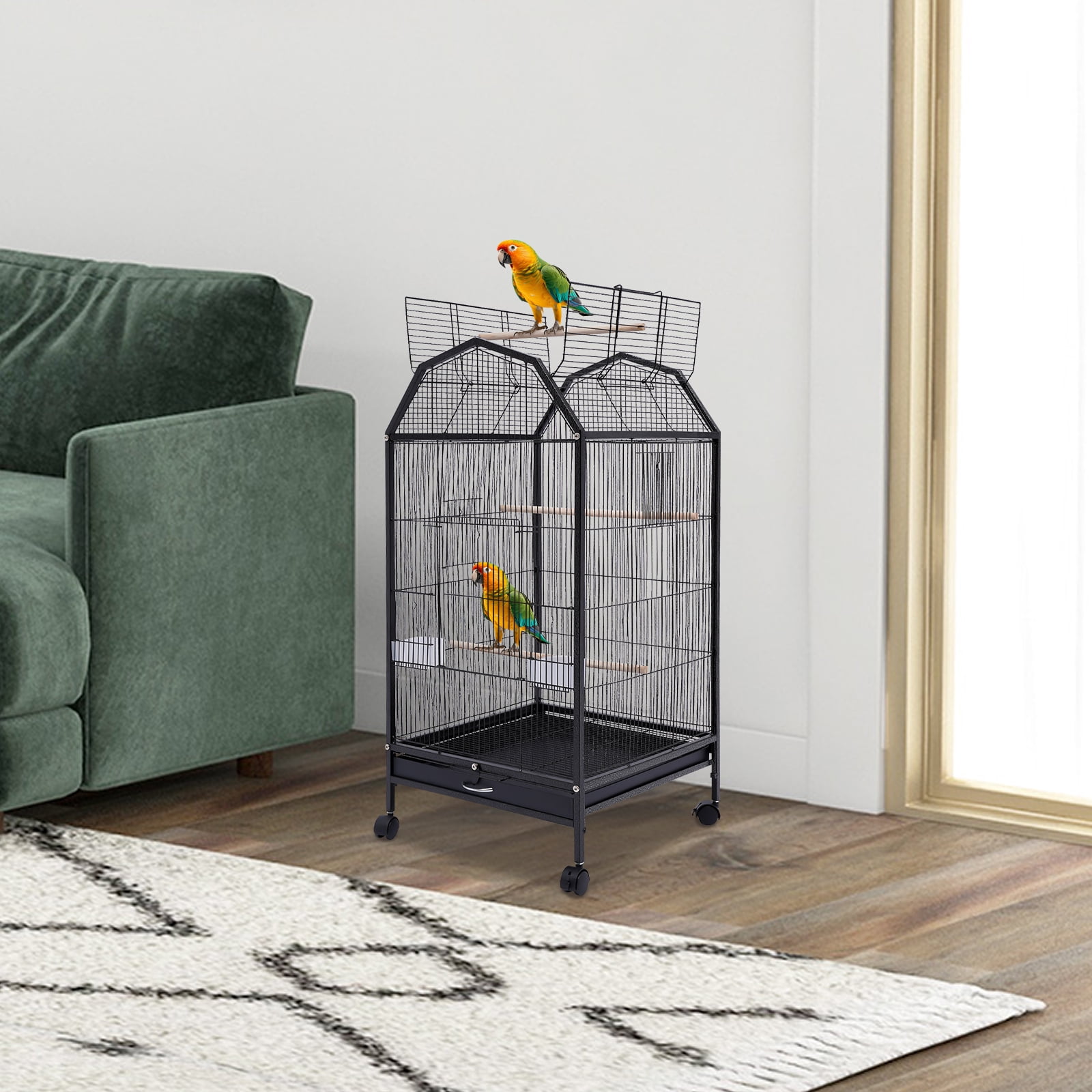 YIYIBYUS Parakeet Bird Cage with Stand Metal Pet Bird Flight Cages Large Finch Bird Cage for Conure Canary Parekette Macaw Finch Cockatoo Budgie Cockatiels Parrot Pet House,Black
