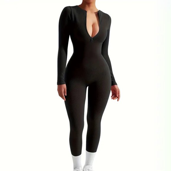 Tidyack,Women's Solid Color Zipper Yoga Jumpsuit, High Elasticity Running Suit, Slim Fit Long Sleeved, Sportswear Jump Suit, For Fitness, Training, Durable Spandex Blend, Versatile Workout Gear