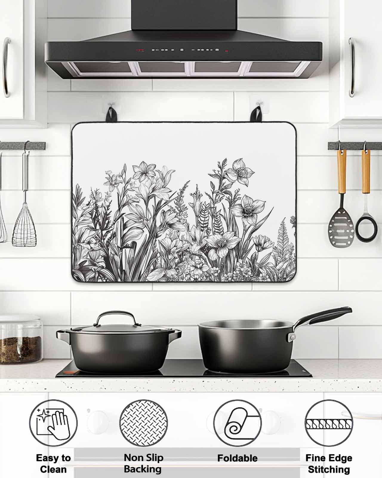 Stove Top Covers for Electric Stove, Wildflower Leaf Glass Stovetop Cover Protector, Grey Floral Botanical White Watercolor Induction Cooktop Protector Oven Mat for Kitchen Countertop 24"x21"