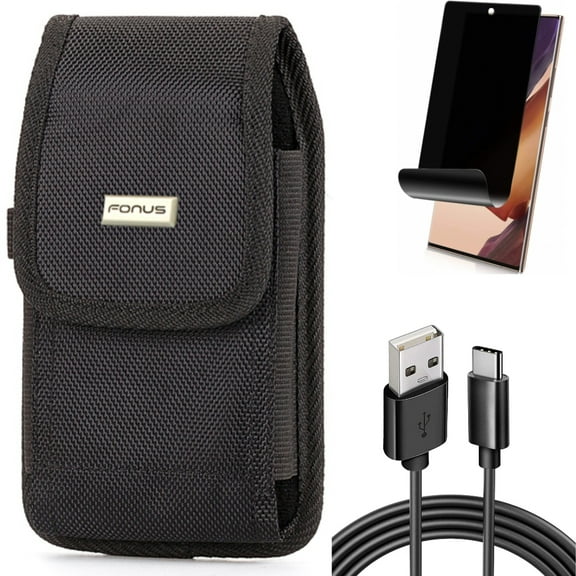 Privacy Screen Protector & 6ft USB Cable & Case Belt Clip for Samsung Galaxy Note 20 Ultra (6.9") - Combo with TPU Film Anti-Peep & Type-C Charger Cord & Rugged Holster