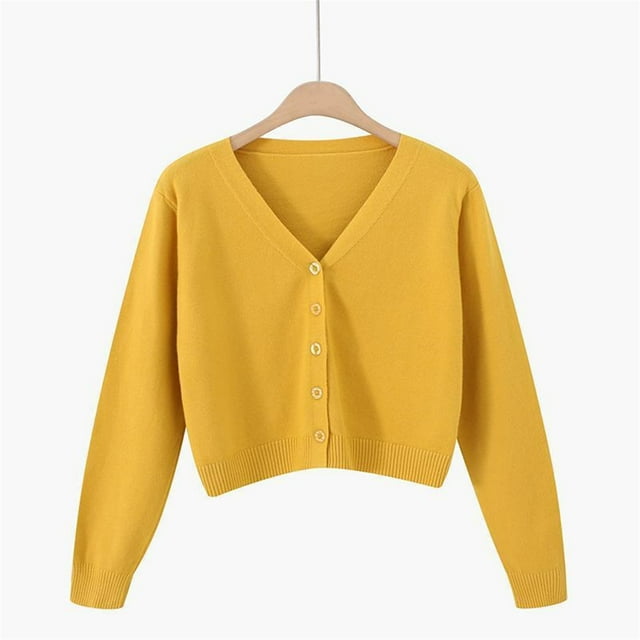Fall Winter Jackets Coats Cardigan for Women, V Neck Cardigan Sweater Plus Jacket Solid Color Knitted Sweater Yellow