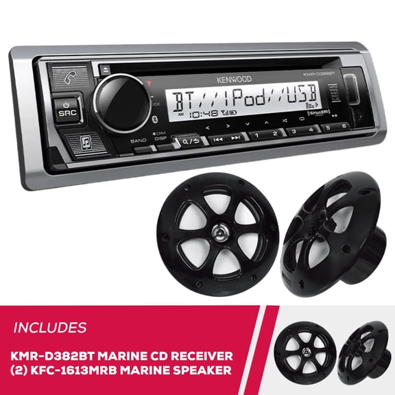 New Kenwood KMR-D382BT Marine CD Receiver & 2 Pack KFC-1613MRB 6.5" Marine Speakers