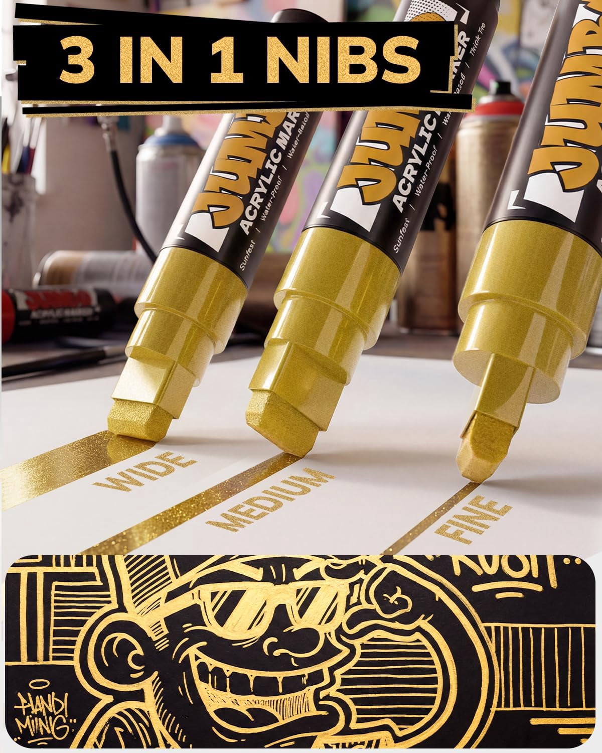 JusArt 4 Pcs Gold Jumbo Poster Marker Set, 15mm Wide Tip and 0.7mm Fine Tip, Acrylic Paint Markers for Rock, Fabric, Glass, Metal, Wood