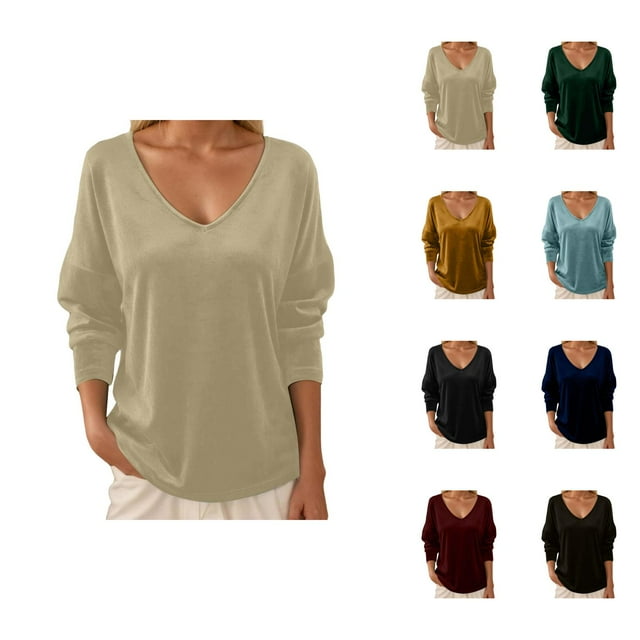 Hauts en Velours pour Femmes 2026 Mode Automne Hiver Manches Longues Col en V Rétro Décontracté T-Shirts pour Sortir