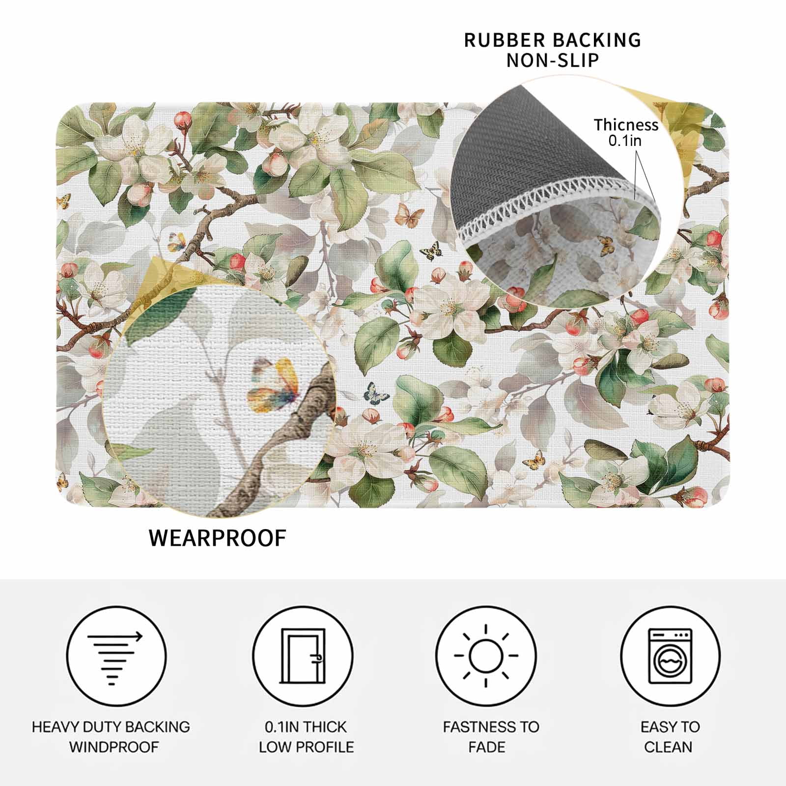 Spring Floral Doormat Outdoor Entrance 24"x36", Green Botanical Flowers Watercolor Absorb Moisture Dirt Door Mats, Non-Slip Rubber Backing Floor Mats Indoor, Low-Profile Front Door Rugs